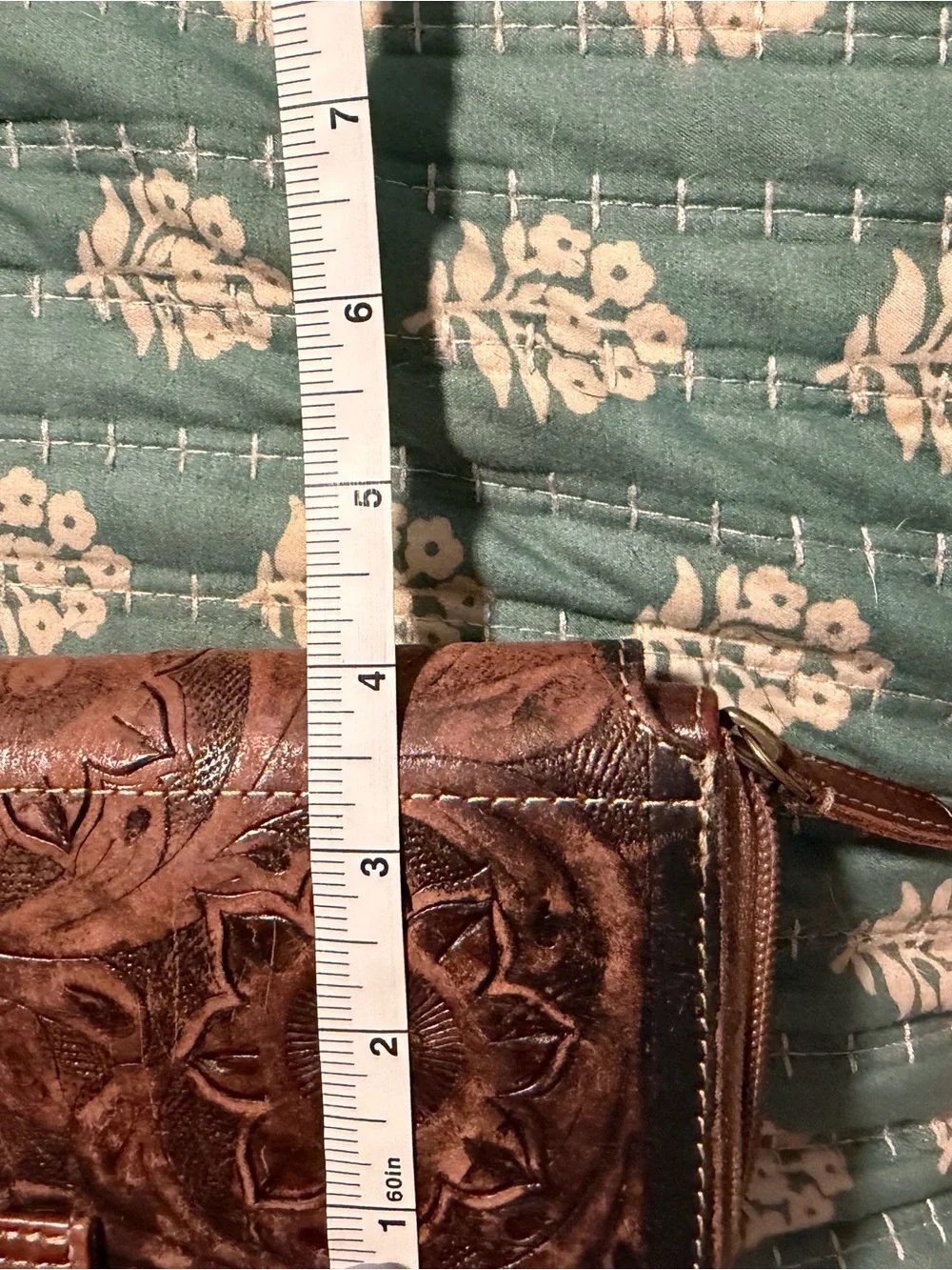 Brown Floral Tooled Leather Phone Wallet Case with Turquoise Accent
